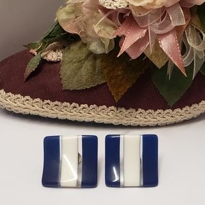 Vintage Blue & White Striped Square Lucite Earrings